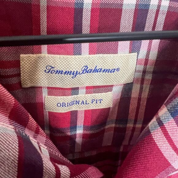 TOMMY BAHAMA Men's L Silk Red Plaid Button Front Casual Shirt Short Sleeve - Picture 5 of 12